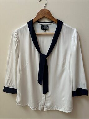 Birds of North America White Blouse with Navy Tie-Neck